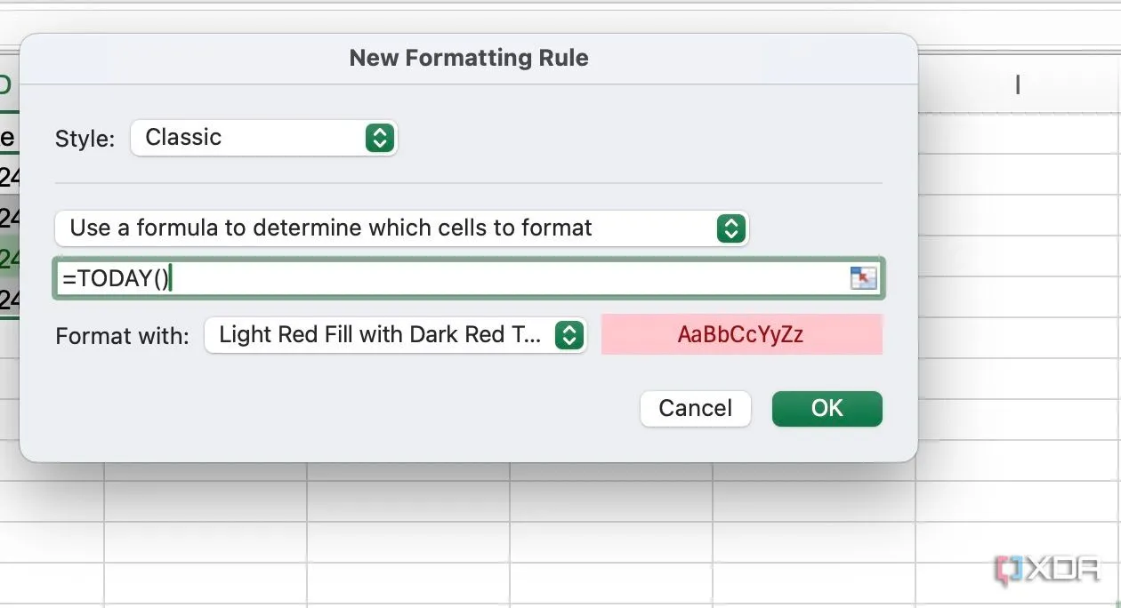 Hộp thoại &quot;Format Cells that are LESS THAN&quot; trong Excel, nhập công thức =TODAY() để định dạng ô theo thời gian hiện tại
