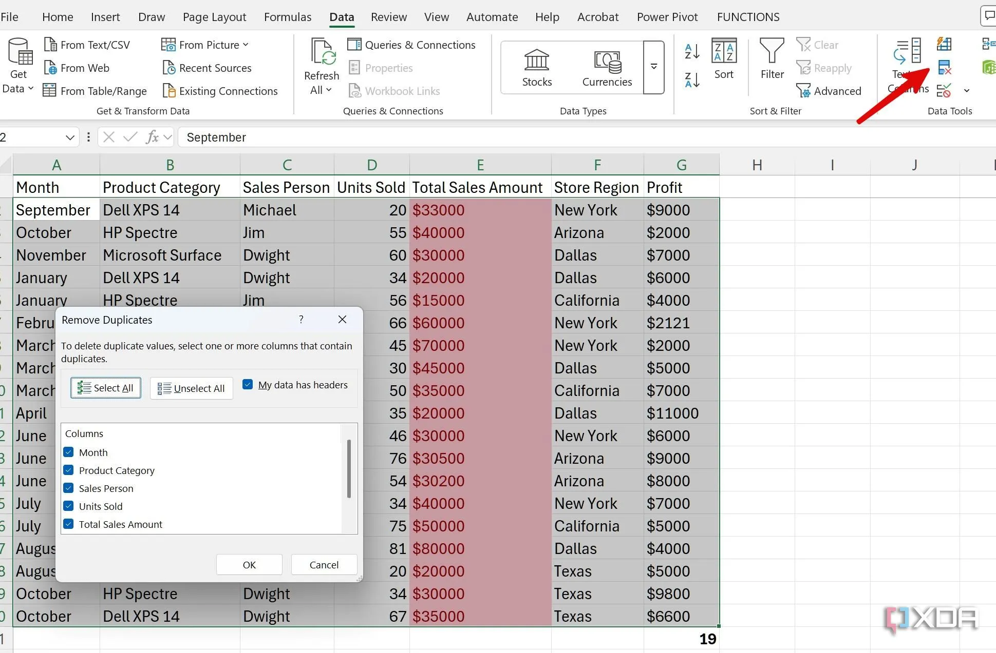 Hộp thoại Remove Duplicates (Xóa trùng lặp) trong Excel, cho phép chọn cột để loại bỏ các hàng trùng lặp.