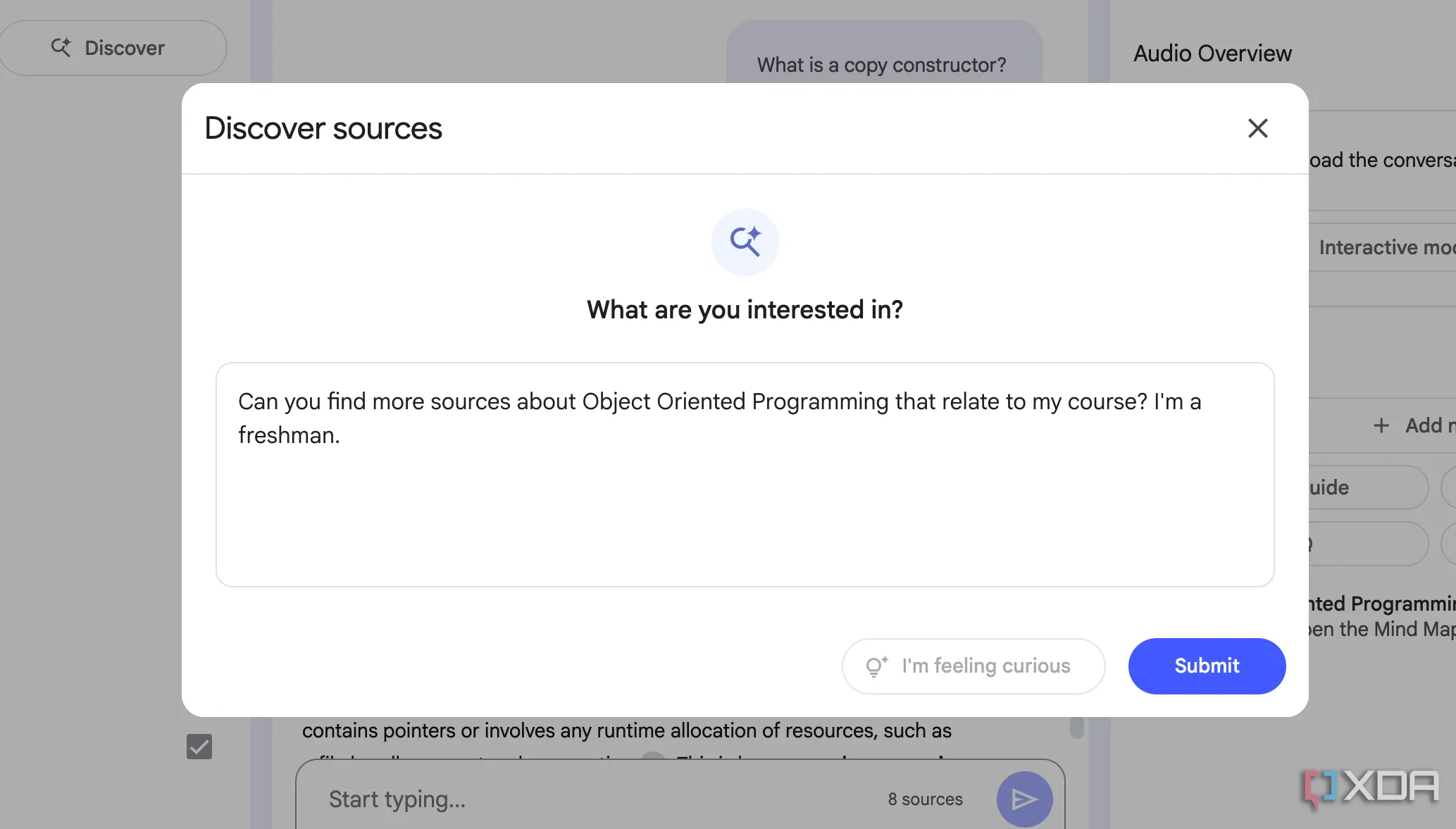 Hộp thoại tính năng Discover Sources của NotebookLM, cho phép người dùng mô tả loại nguồn muốn tìm.