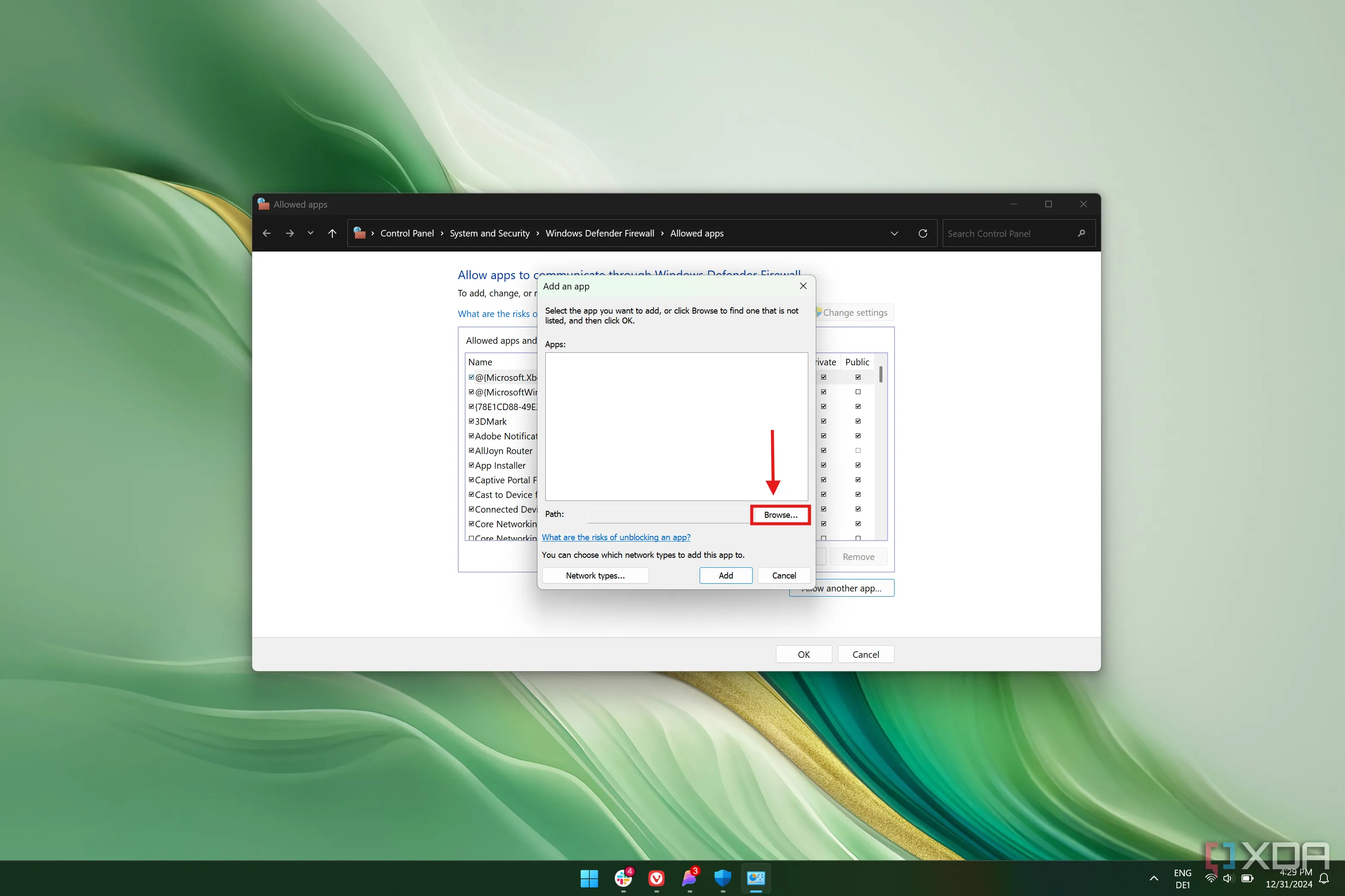 Hộp thoại Tường lửa Windows cho phép ứng dụng đi qua với nút &quot;Browse&quot; được làm nổi bật
