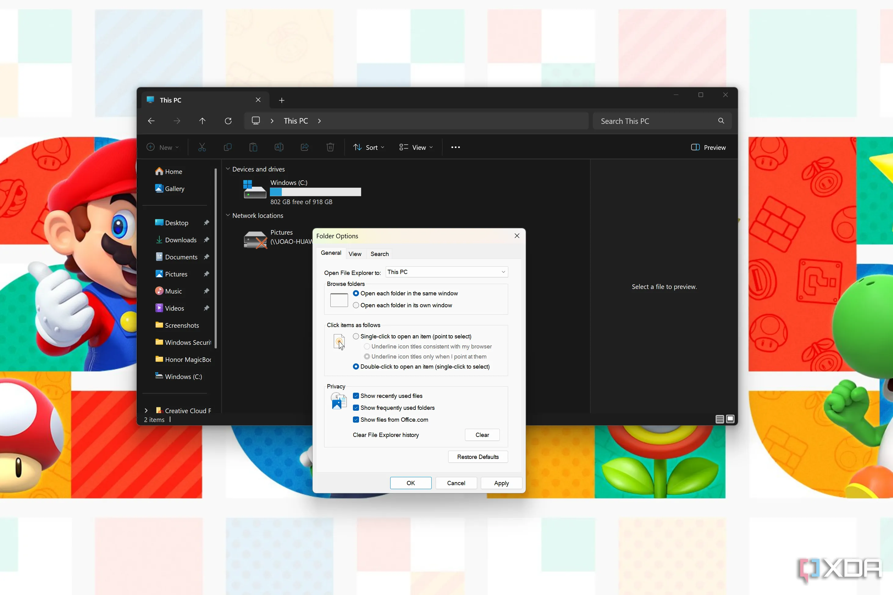 Hộp thoại Tùy chọn trong File Explorer Windows 11, cho phép thay đổi trang chủ mặc định