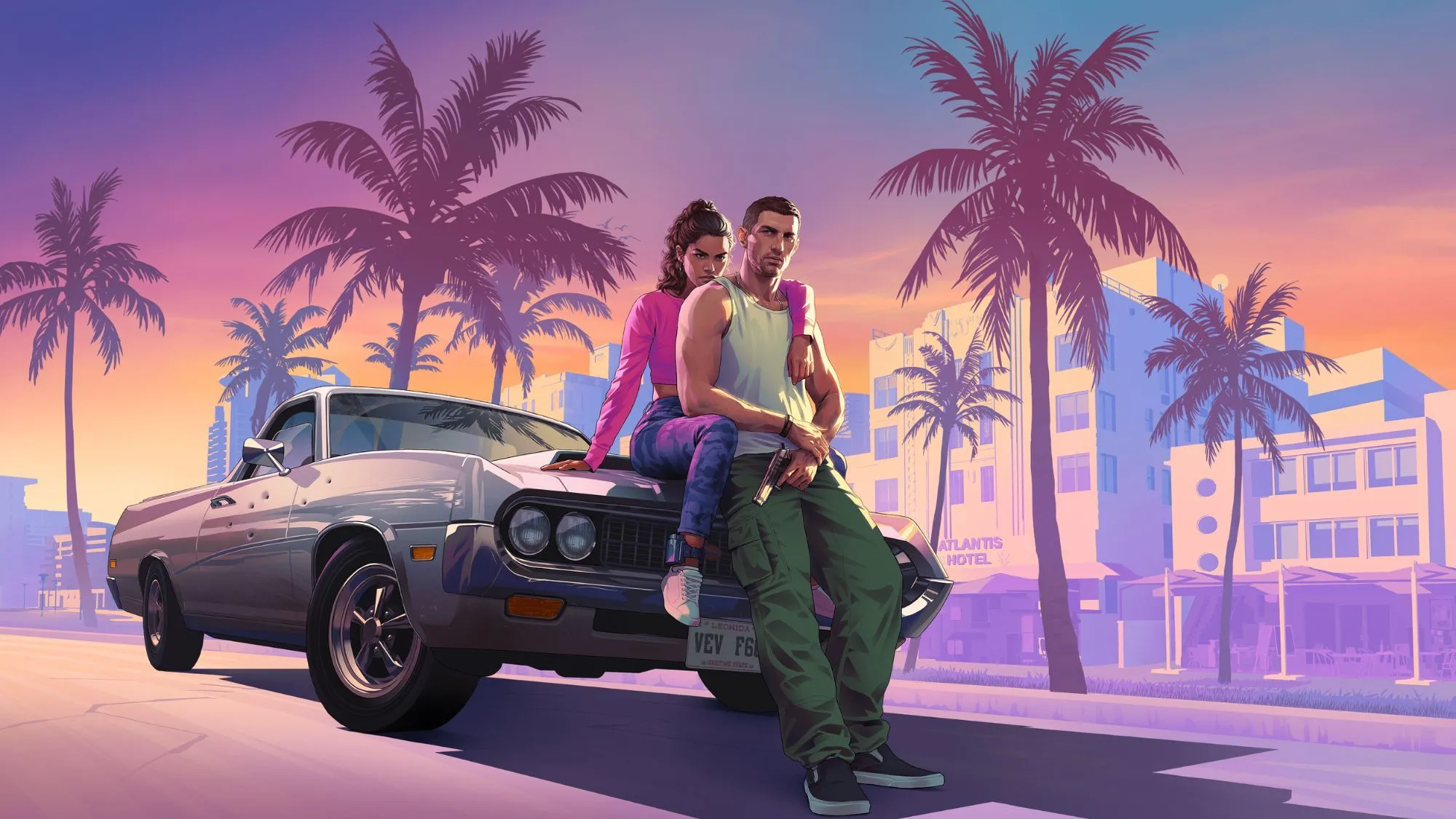 Jason và Lucia, hai nhân vật chính của GTA VI, tạo dáng trên mui xe