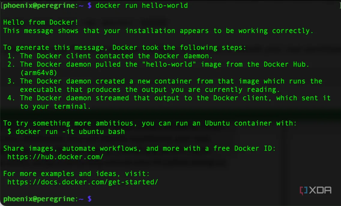 Kết quả chạy lệnh &quot;sudo docker run hello-world&quot; để kiểm tra cài đặt Docker thành công.