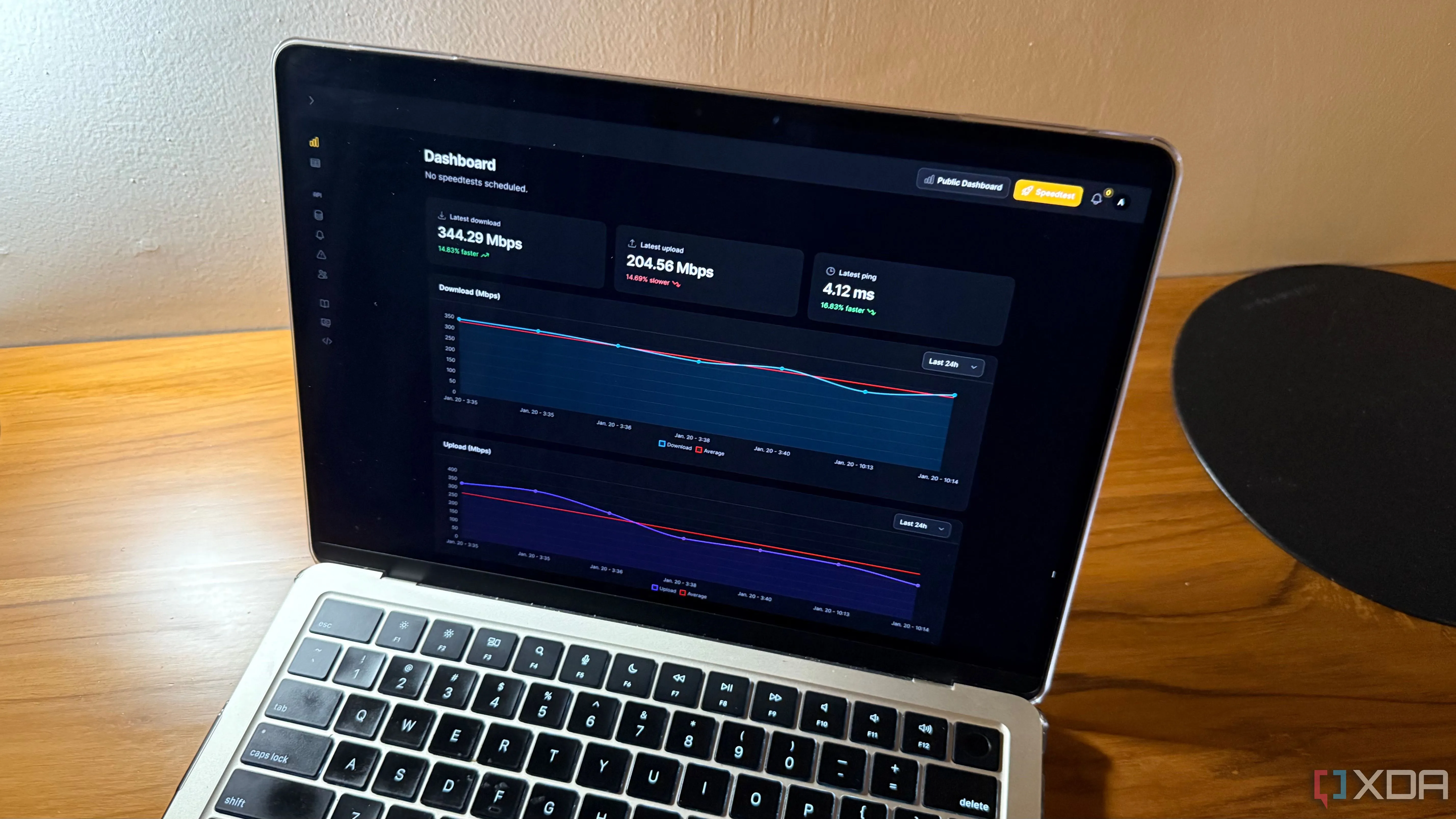 Kết quả kiểm tra tốc độ internet chi tiết từ Speedtest Tracker hiển thị trên màn hình Mac, minh chứng cho khả năng giám sát hiệu suất mạng hiệu quả.