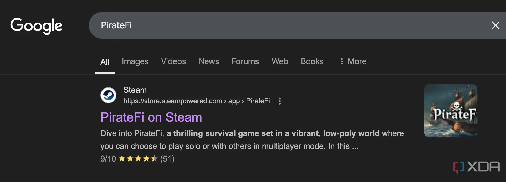 Kết quả tìm kiếm Google của game PirateFi trên Steam, hiển thị đường dẫn bị chuyển hướng sau khi bị gỡ
