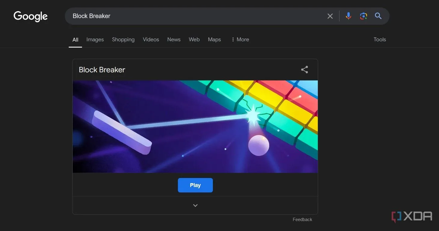 Kết quả tìm kiếm Google khi gõ 'Block Breaker' hiển thị game ẩn của Google để chơi trực tuyến.