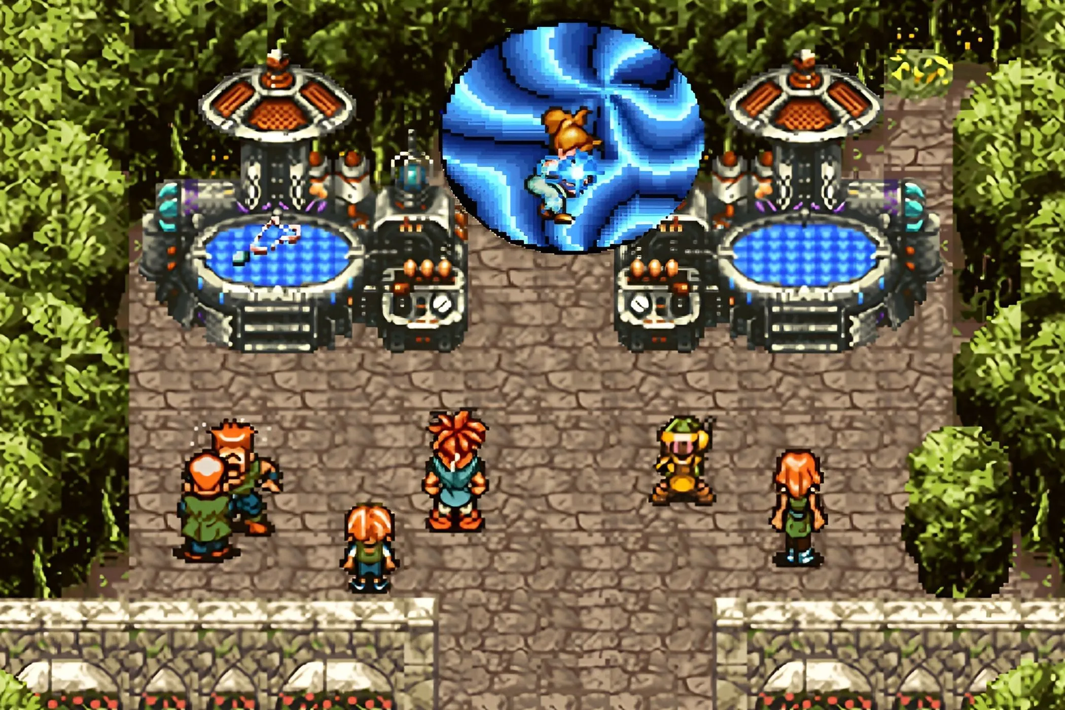 Khoảnh khắc trong game Chrono Trigger: nhân vật 2D đứng trước cổng không gian màu xanh