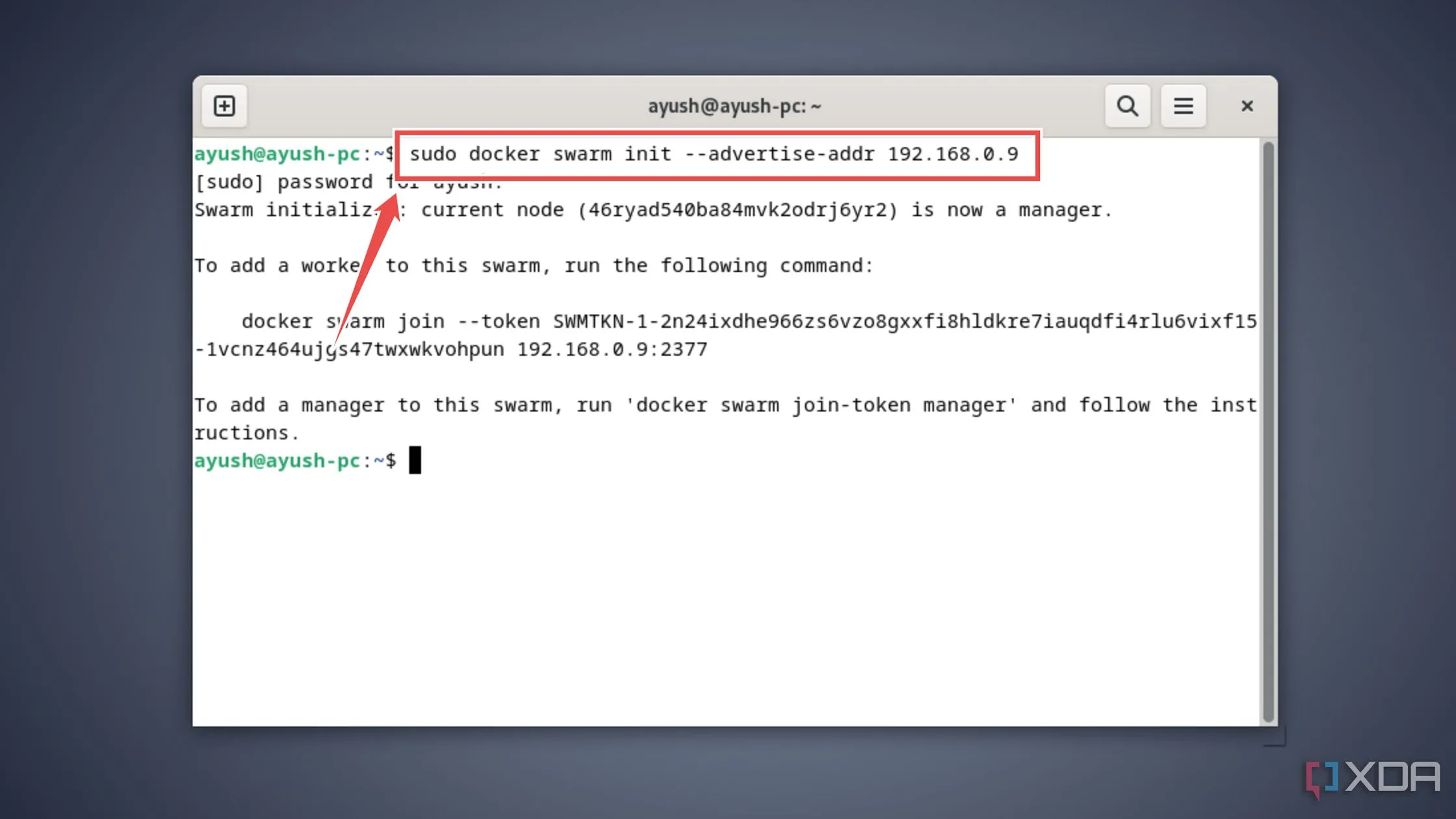 Khởi tạo Docker Swarm manager với lệnh docker swarm init