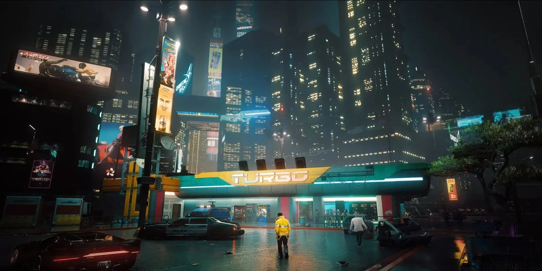 Khung cảnh đô thị Night City rực rỡ ánh đèn neon và xe cộ tấp nập trong Cyberpunk 2077