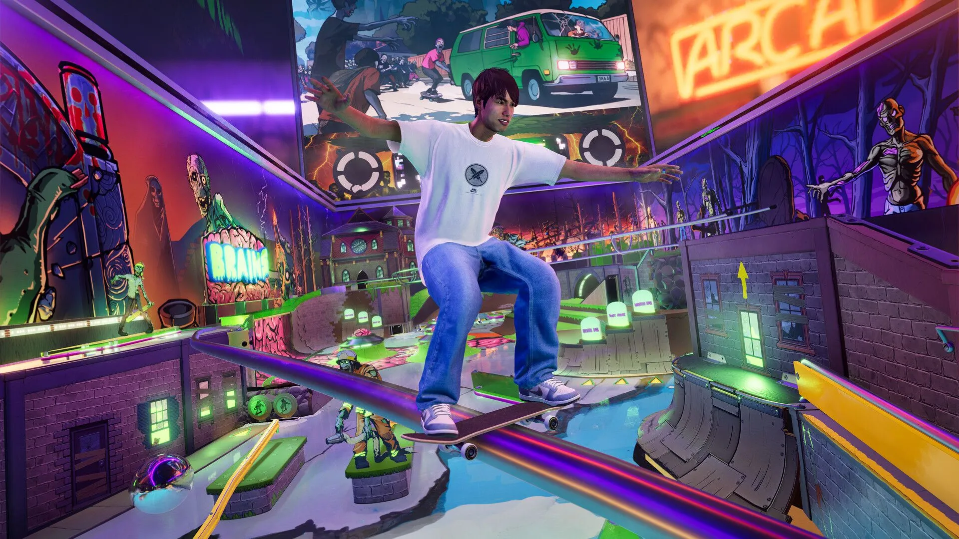 Khung cảnh một công viên trượt ván với chủ đề máy bắn bi (pinball) đầy màu sắc trong Tony Hawk's Pro Skater 3 + 4