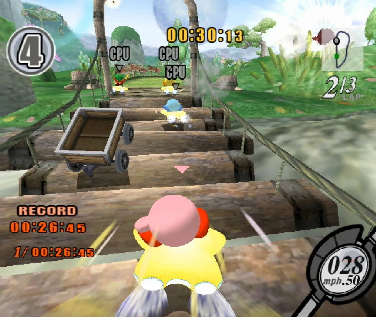 Kirby đang cưỡi Warp Star trên đường đua đầy màu sắc trong game Kirby Air Ride trên GameCube, minh họa gameplay vui nhộn và yêu cầu phần cứng thấp khi chạy trên Raspberry Pi