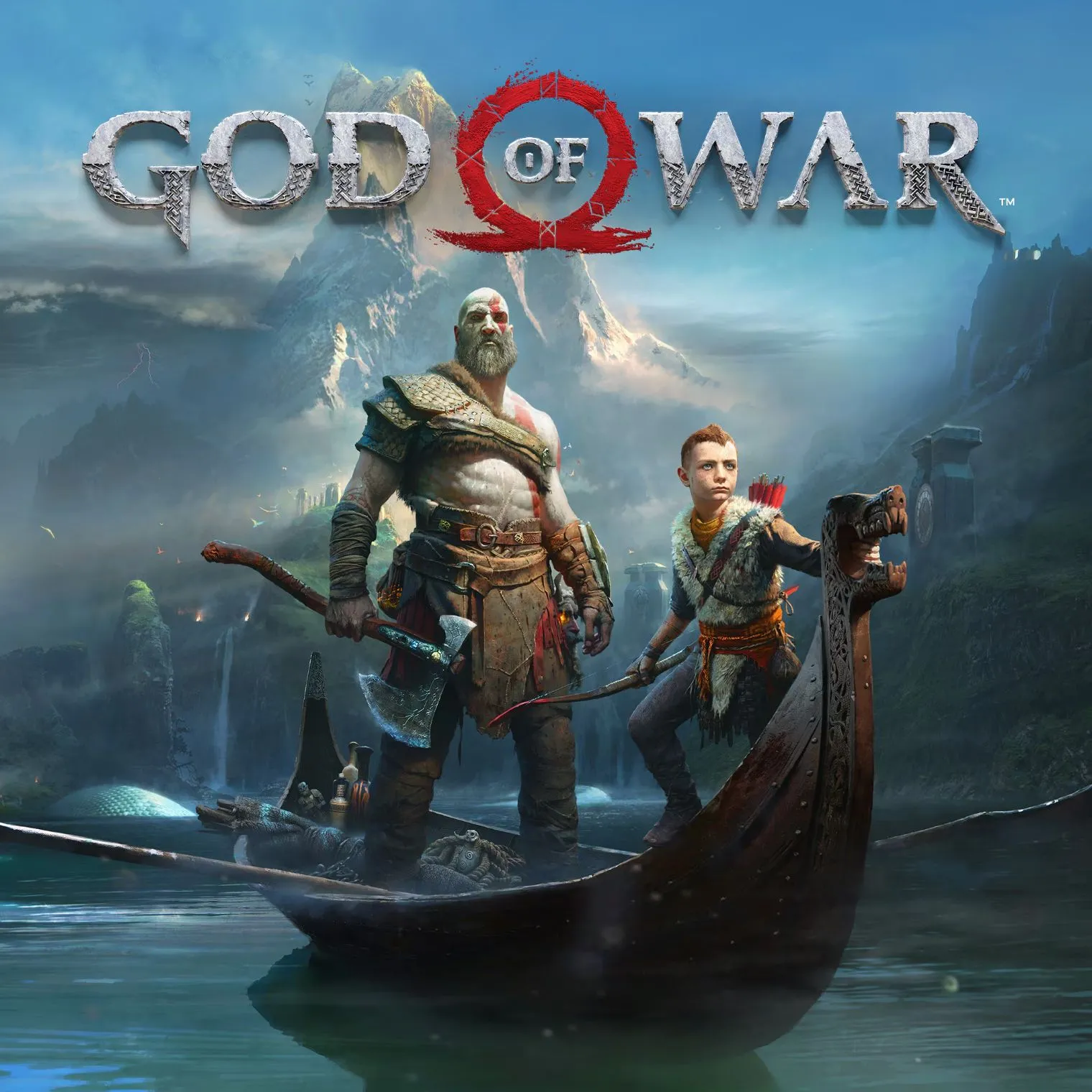 Kratos và Atreus trên bìa game God of War, thể hiện mối quan hệ cha con trong bối cảnh thần thoại Bắc Âu