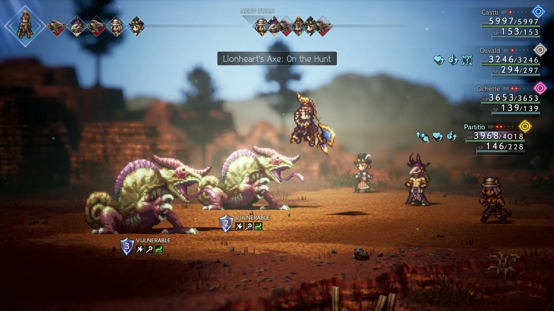 Kỹ năng Lionheart's Axe trong game JRPG Octopath Traveler 2 với đồ họa HD-2D trên Xbox Game Pass