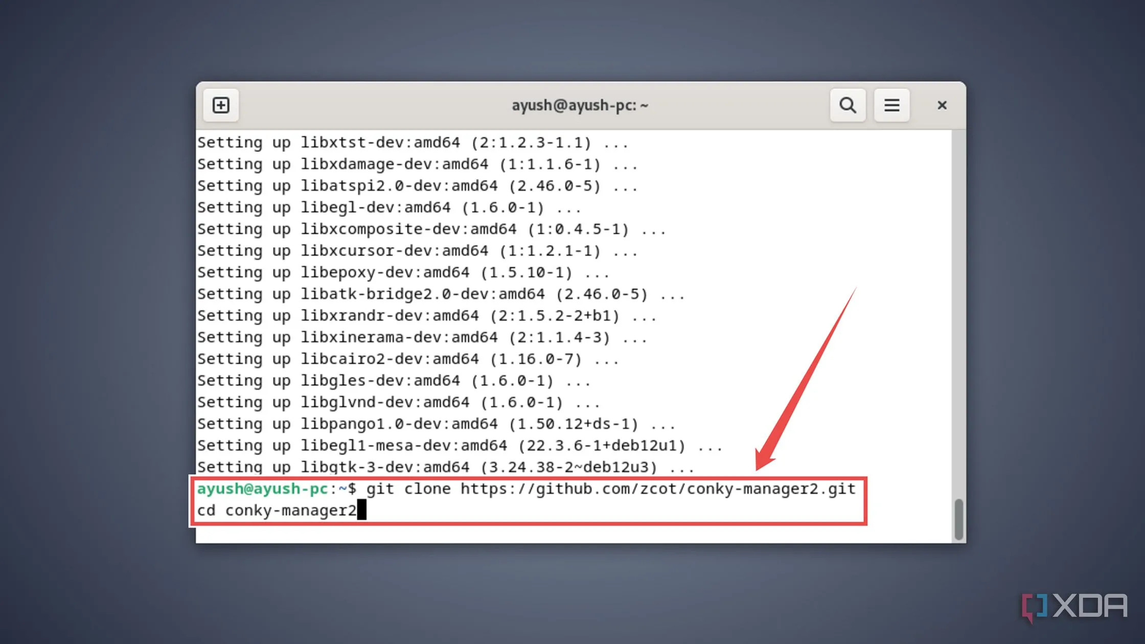 Lệnh git clone tải về gói Conky Manager qua Terminal