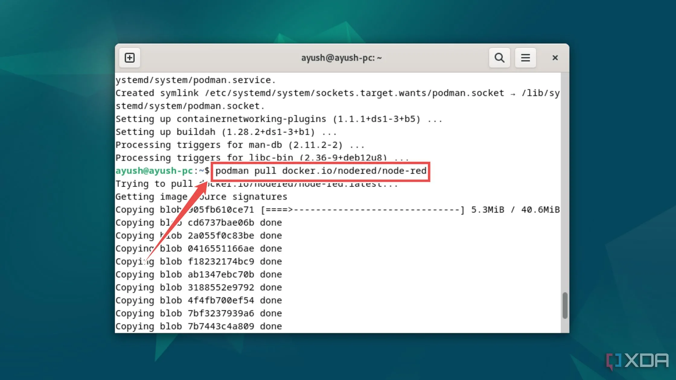 Lệnh podman pull tải xuống image Node-RED từ Docker Hub