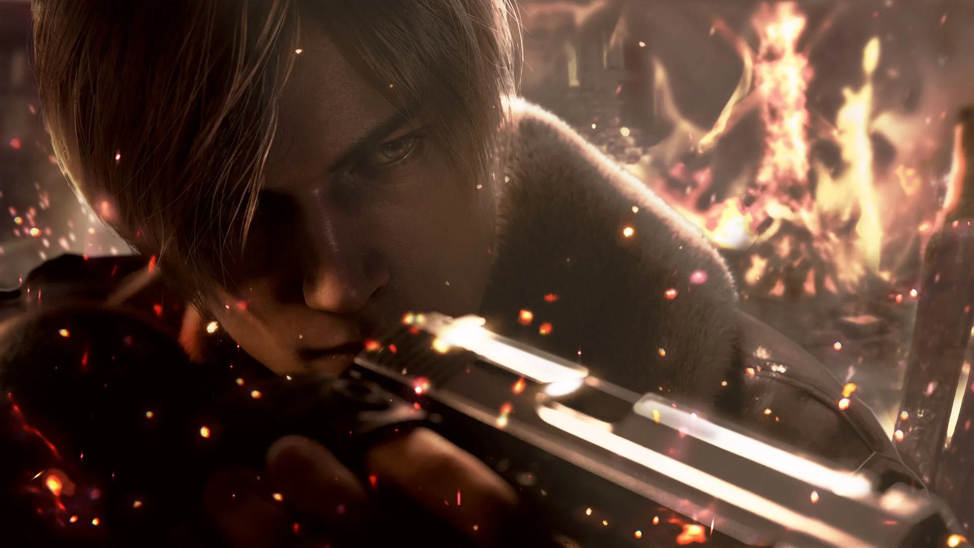 Leon Kennedy trong Resident Evil 4, một tựa game kinh dị sinh tồn thường sử dụng nhạc nền và tài nguyên để báo hiệu.