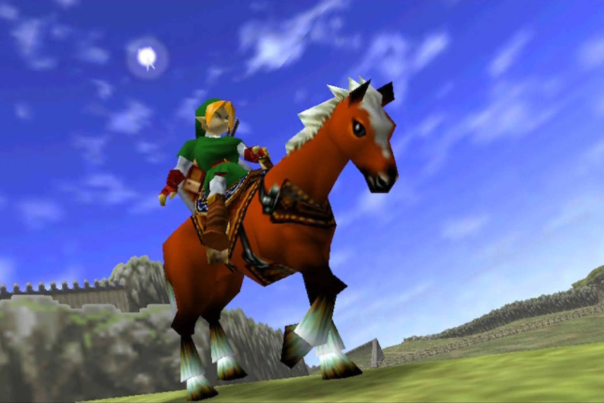 Link cưỡi ngựa Epona trong The Legend of Zelda: Ocarina of Time, minh họa cơ chế di chuyển và chiến đấu trong môi trường 3D.
