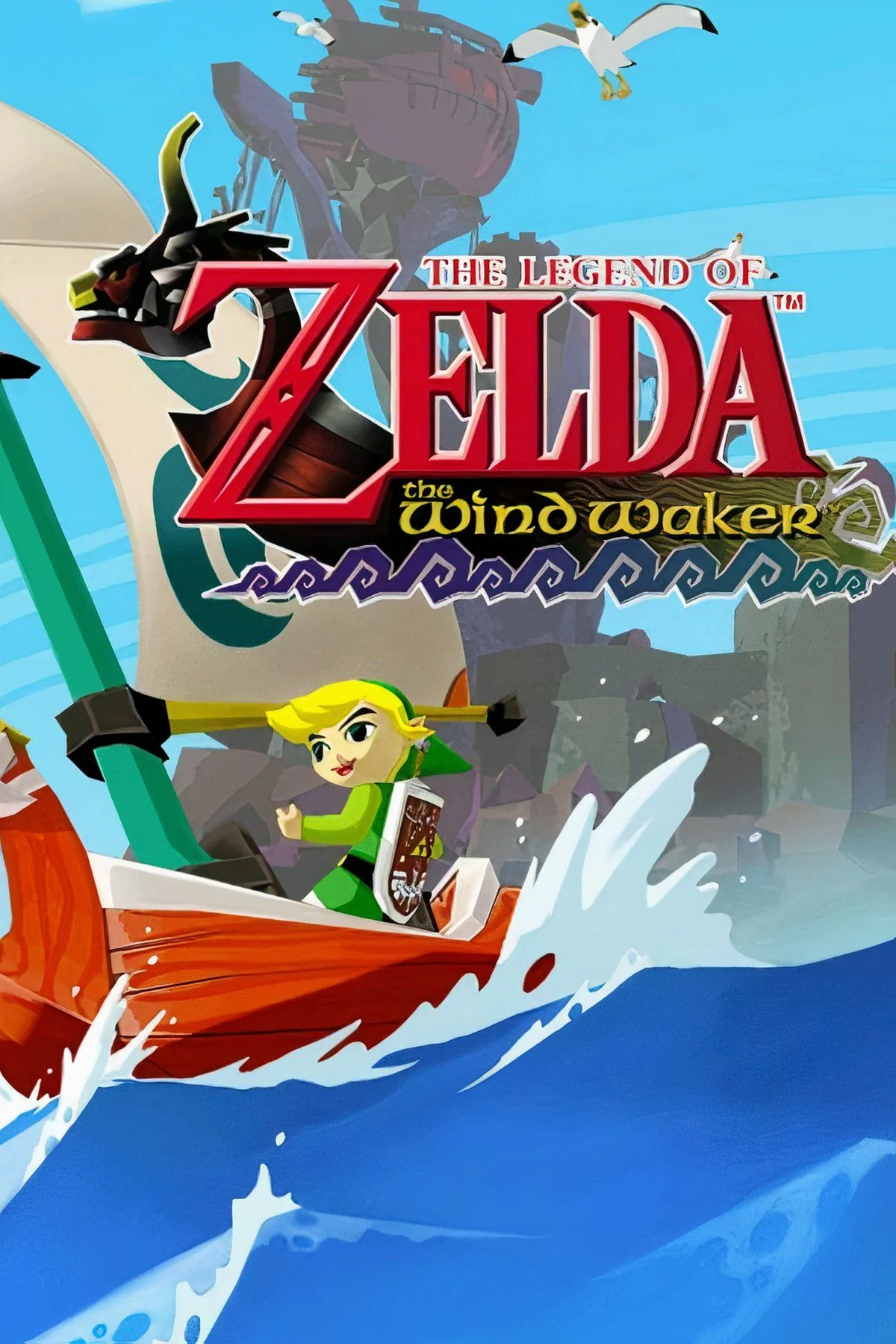 Link trên biển rộng lớn với phong cách đồ họa hoạt hình đặc trưng của The Legend of Zelda: The Wind Waker