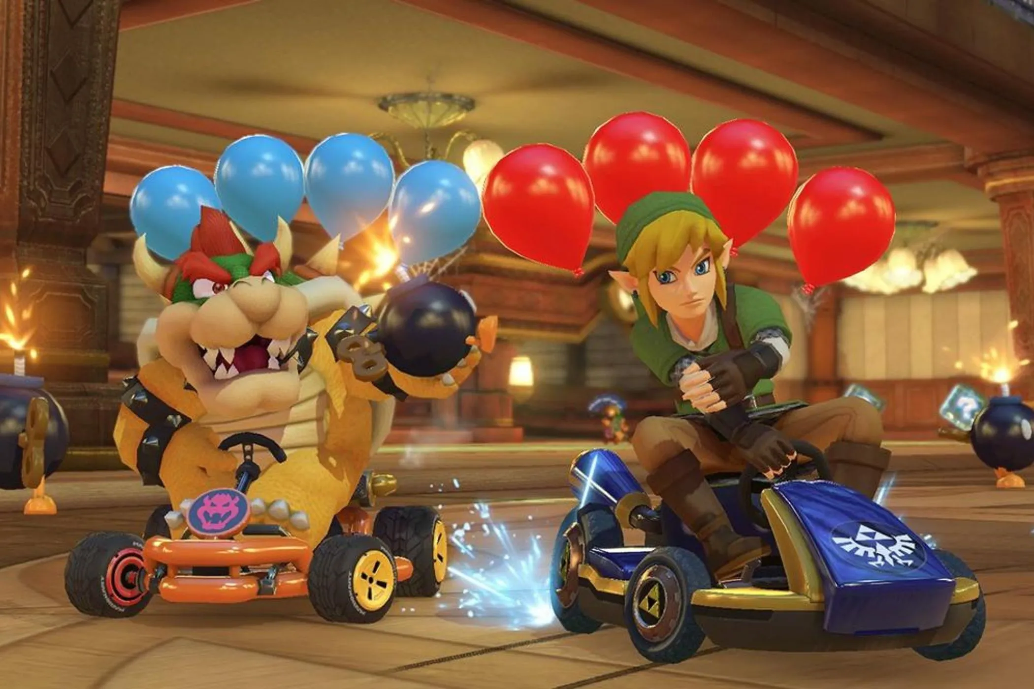 Link và Bowser đang đua xe trong Mario Kart 8 Deluxe trên Nintendo Switch