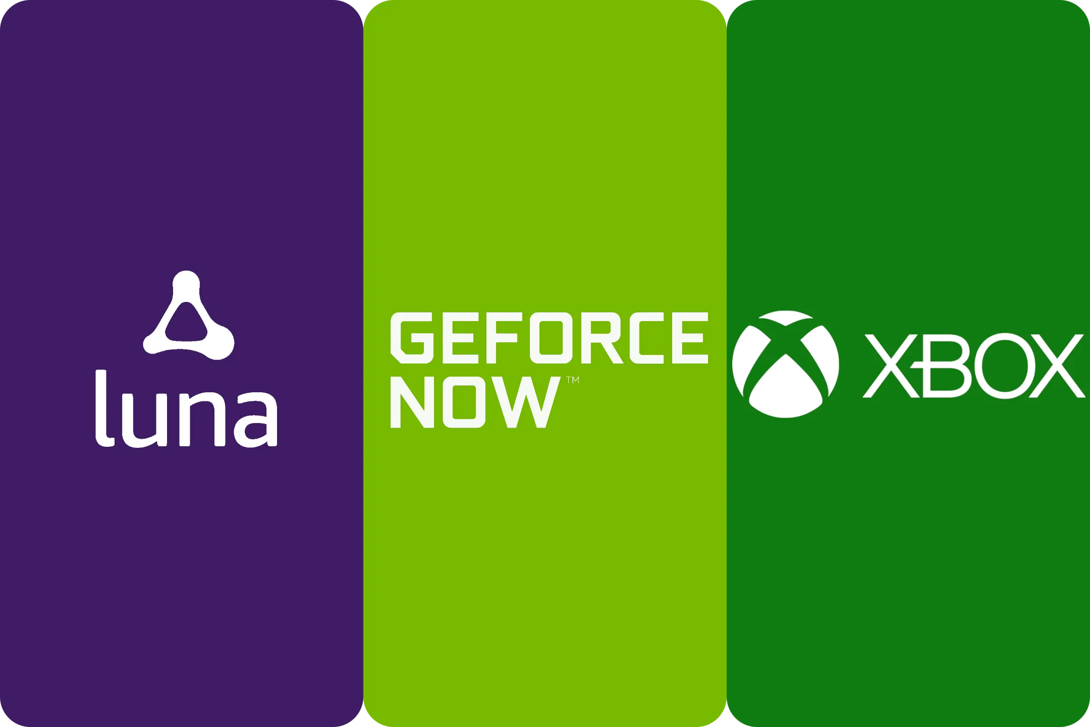 Logo các dịch vụ chơi game đám mây như Amazon Luna, Nvidia GeForce Now và Xbox Game Pass, thể hiện sự đa dạng trong trải nghiệm chơi game.