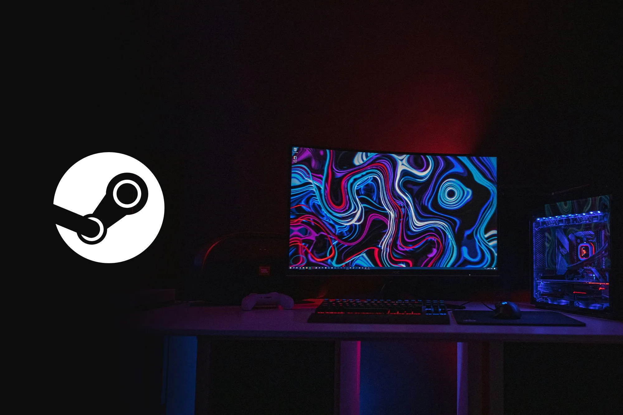 Logo Steam trắng trên nền máy tính chơi game màn hình cong thể hiện nền tảng game PC ưu việt