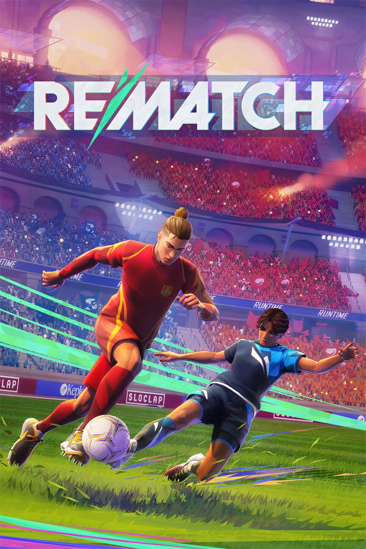 Logo và hình ảnh bìa của game bóng đá arcade Rematch, thể hiện phong cách đồ họa đặc trưng.