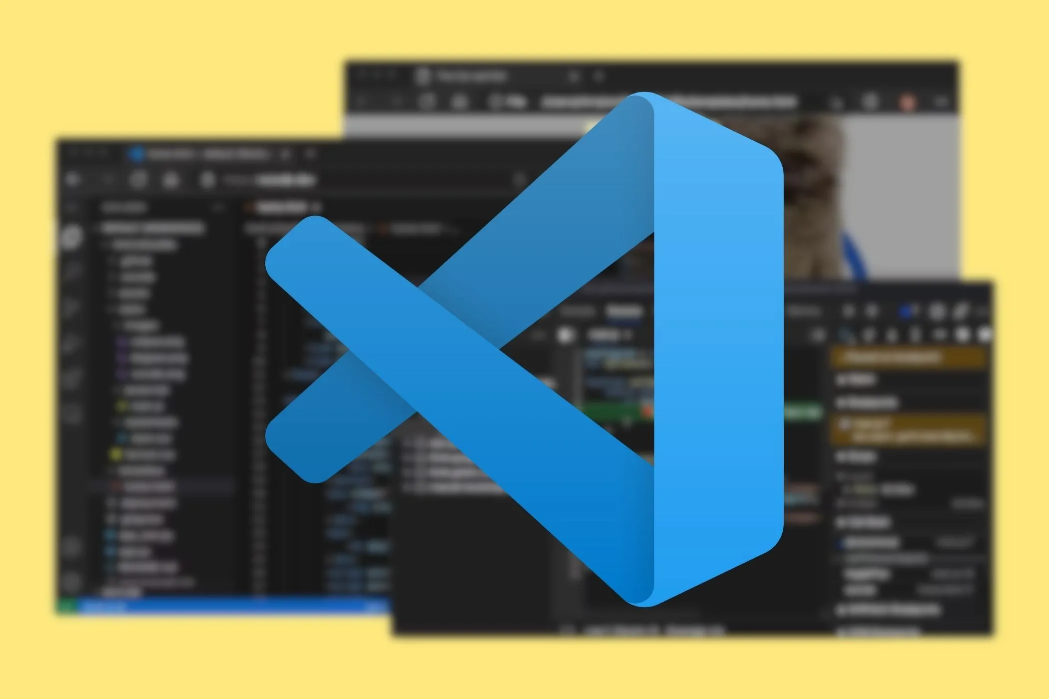 Logo Visual Studio Code với nhiều cửa sổ phía sau minh họa tính đa nhiệm