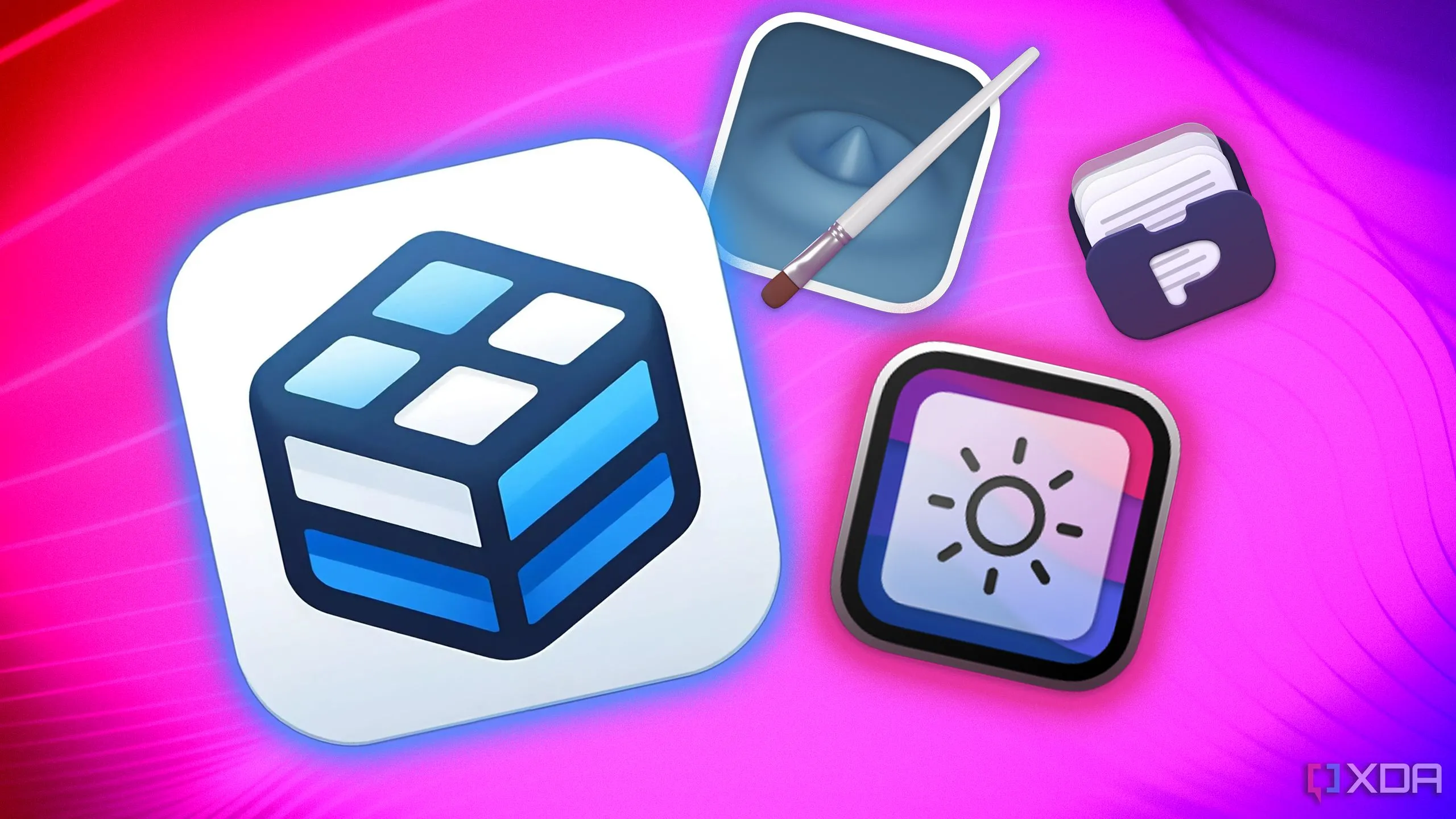 Logos cho các ứng dụng BentoBox, Diffraction và Pasty trên nền màu sắc
