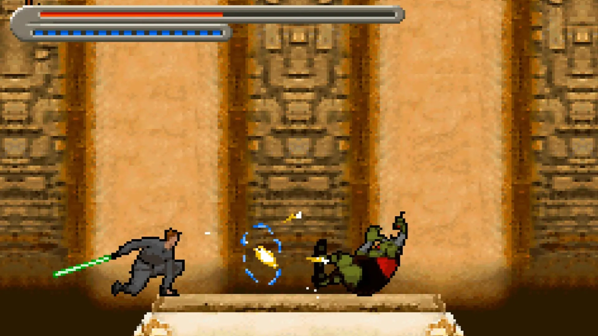 Lối chơi game Star Wars Trilogy Apprentice of the Force trên GBA với nhân vật đang nhảy qua chướng ngại vật trong môi trường rừng