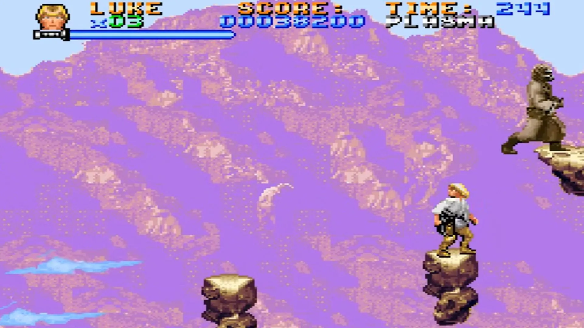 Lối chơi game Super Star Wars trên SNES với hình ảnh phi công bay trong không gian và chiến đấu