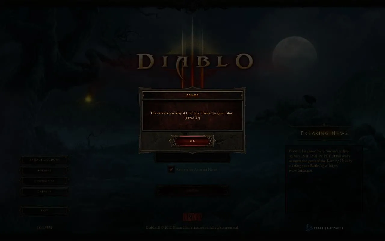 Lỗi Error 37 khi truy cập Diablo III ngày ra mắt, màn hình hiển thị thông báo server bận