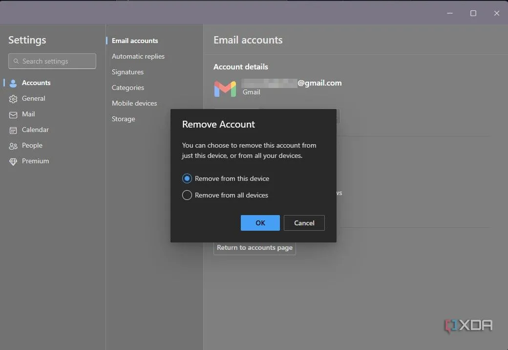 Lời nhắc xác nhận việc xóa tài khoản Outlook khỏi các thiết bị