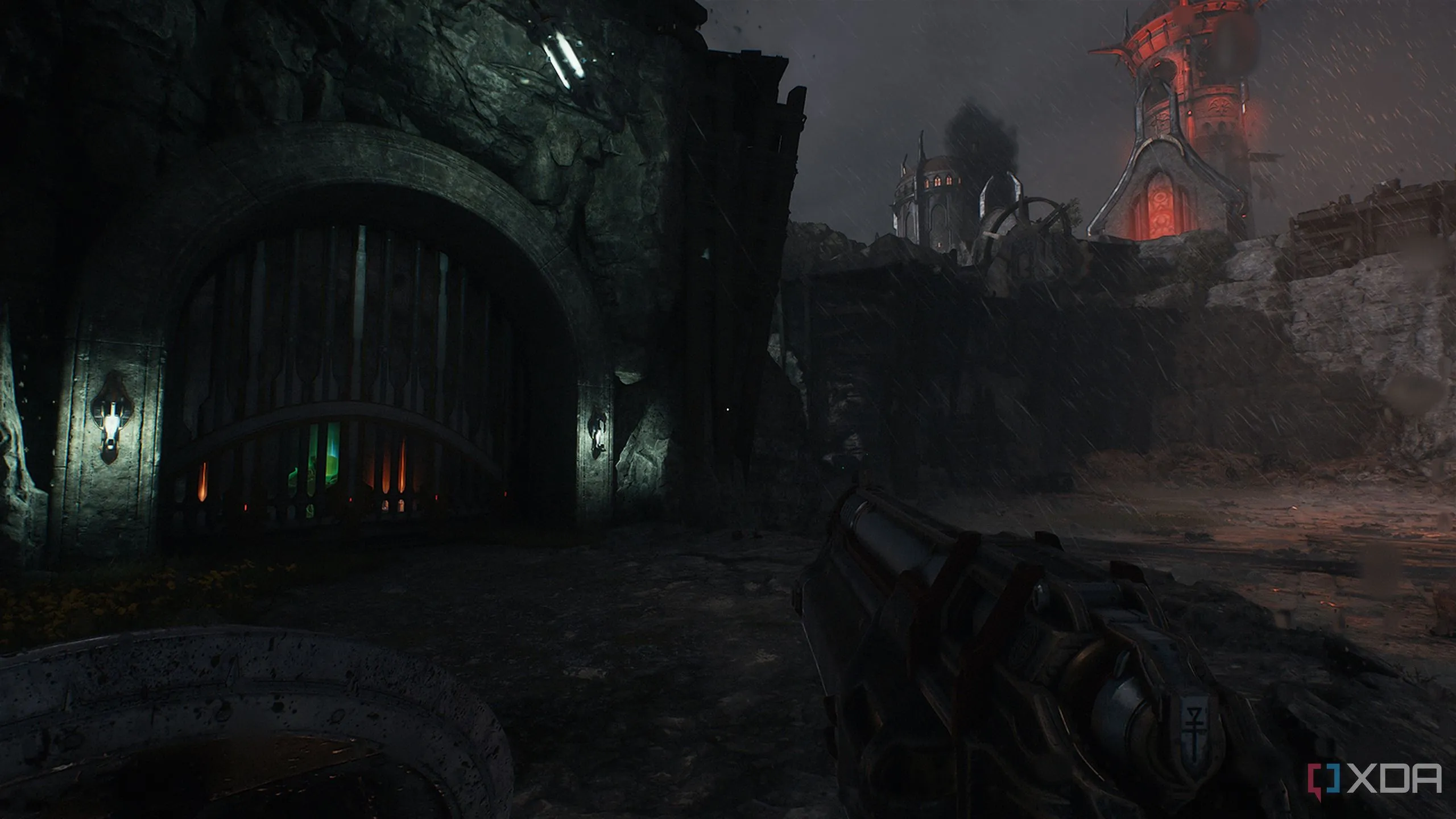 Lối vào khu vực bí mật bị rào chắn kim loại, nơi tìm thấy skin Combat Shotgun trong Doom The Dark Ages