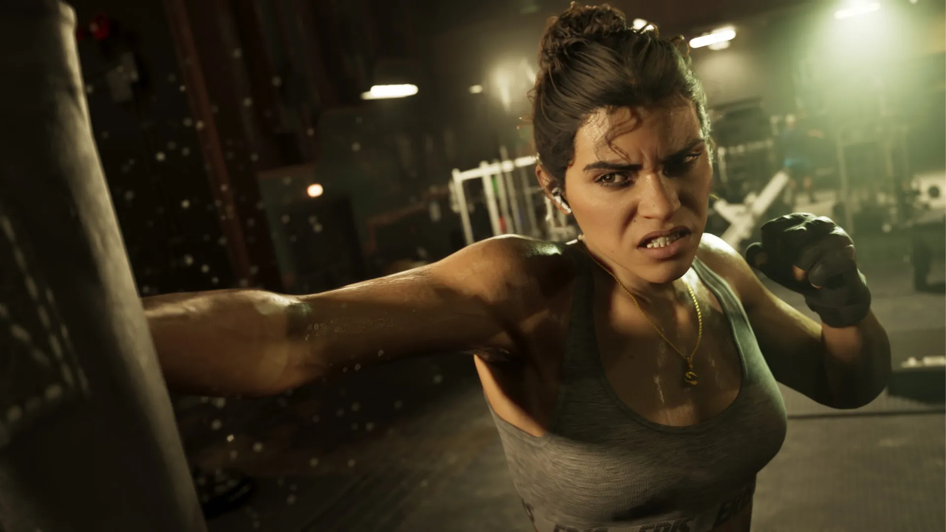 Lucia đang tập đấm bốc trong phòng gym ở GTA VI