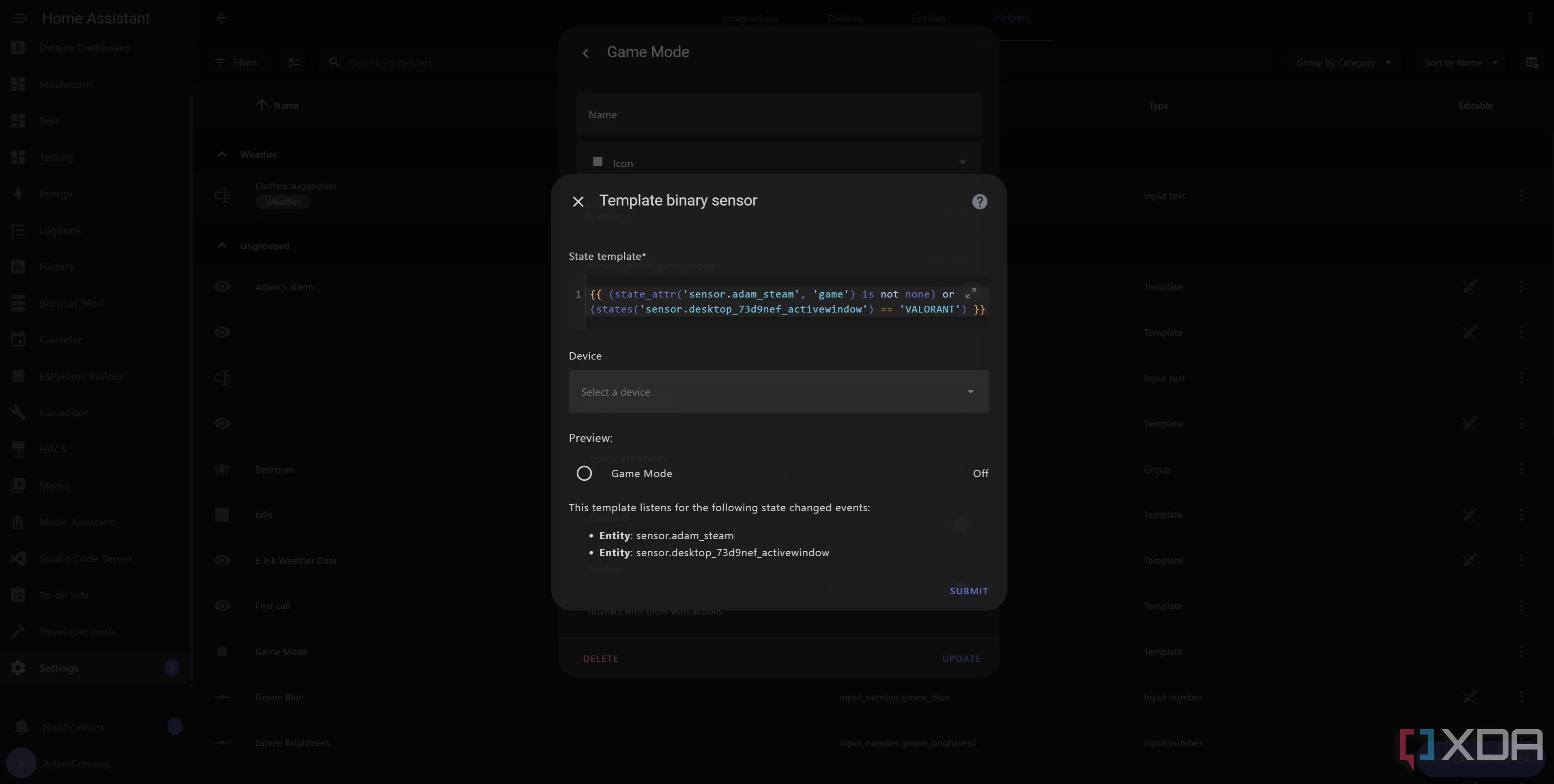 Mã YAML mẫu cho cảm biến nhị phân (binary sensor) kích hoạt chế độ chơi game trong Home Assistant.