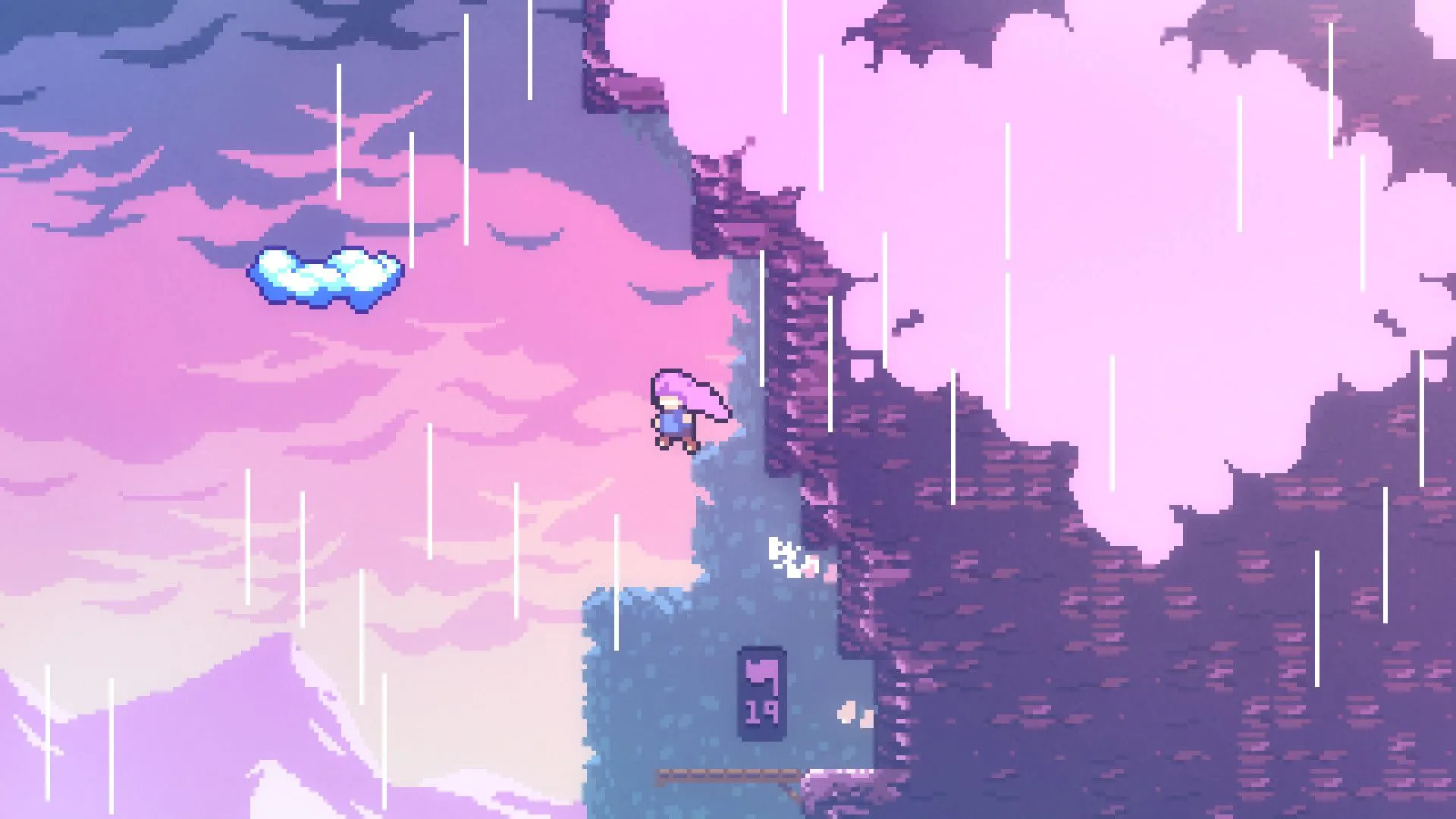 Madeline nhảy lên đám mây bên sườn núi trong game Celeste