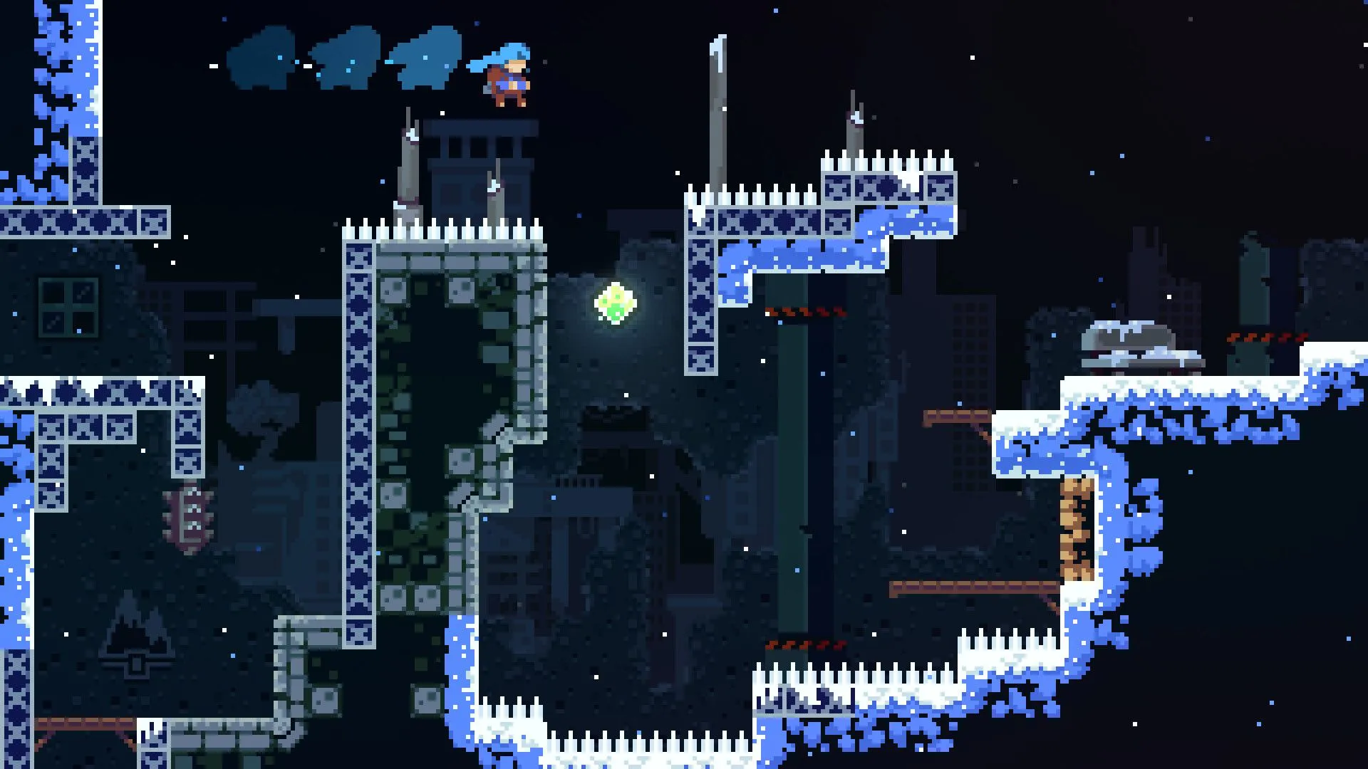 Madeline thực hiện động tác dash qua chướng ngại vật gai nhọn, minh họa gameplay thử thách của Celeste