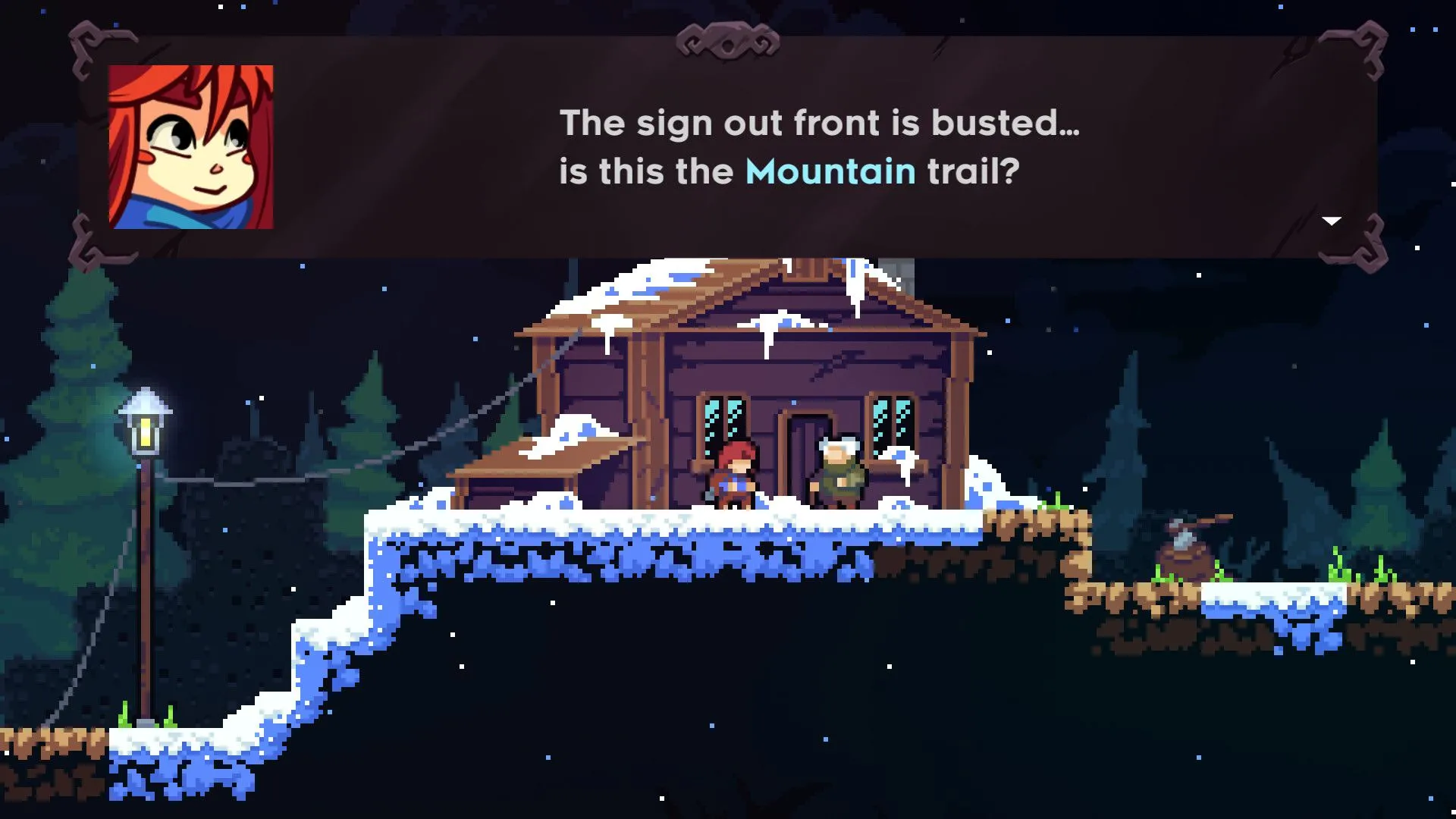 Madeline và Theo trò chuyện trong cabin tuyết của Celeste