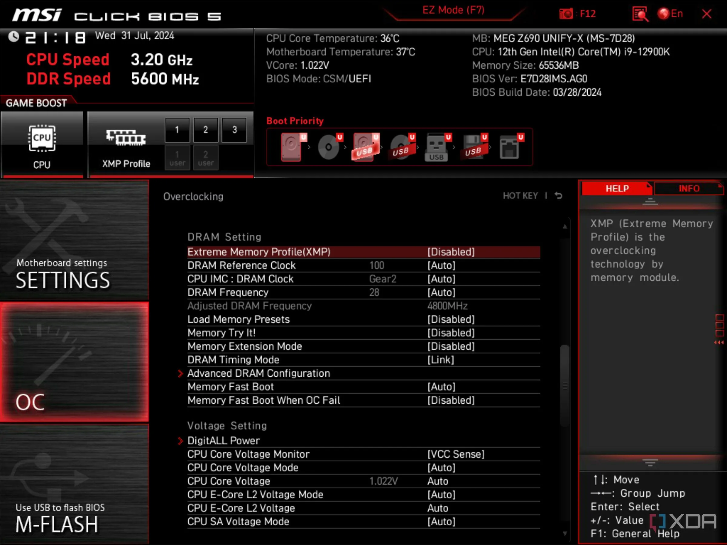Màn hình BIOS UEFI của MSI hiển thị trạng thái XMP bị vô hiệu hóa