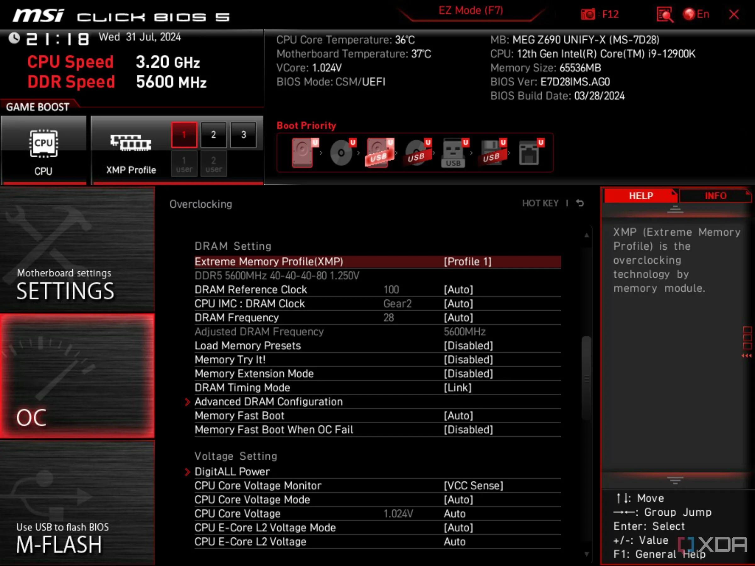 Màn hình BIOS UEFI của MSI hiển thị tùy chọn Intel XMP đã được kích hoạt