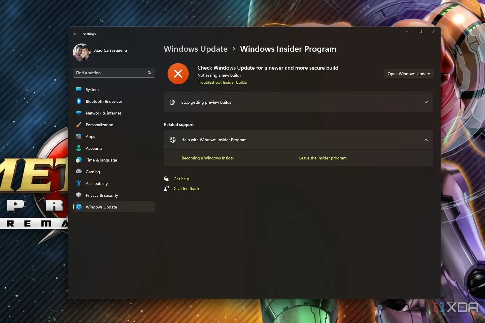Màn hình cài đặt chương trình Windows Insider trên Windows 11