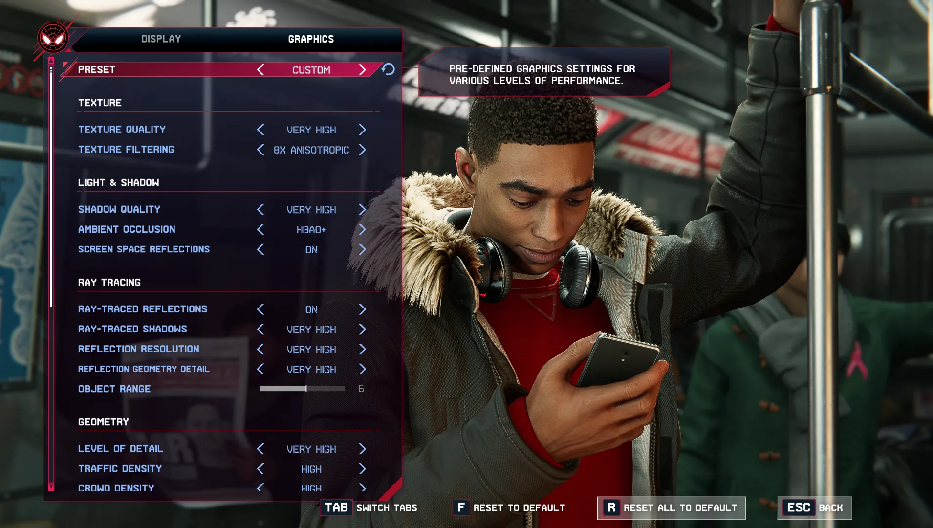 Màn hình cài đặt đồ họa trong game Spider-Man: Miles Morales, minh họa các tùy chọn tinh chỉnh chất lượng hình ảnh