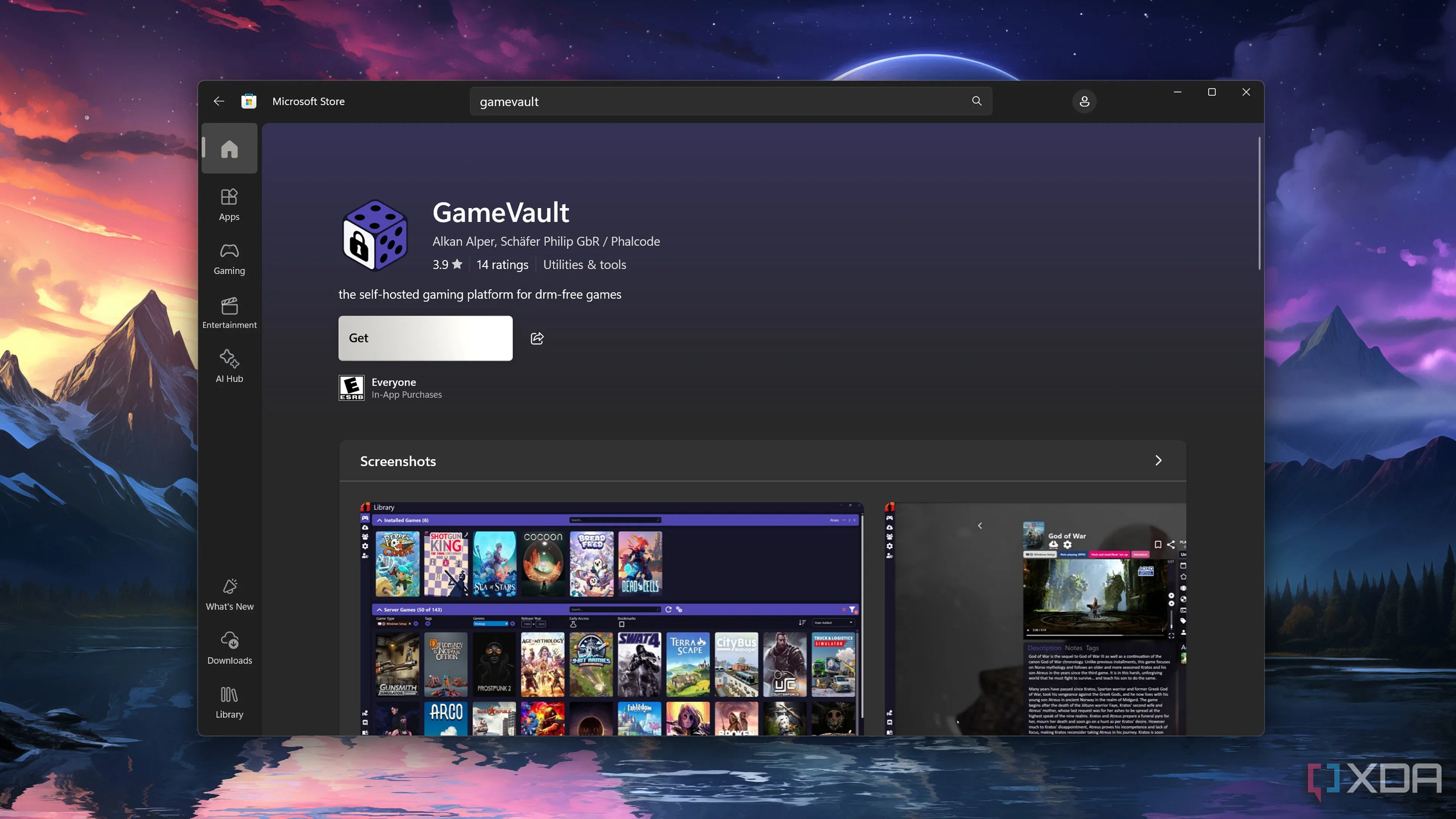 Màn hình cài đặt GameVault từ Microsoft Store trên hệ điều hành Windows.