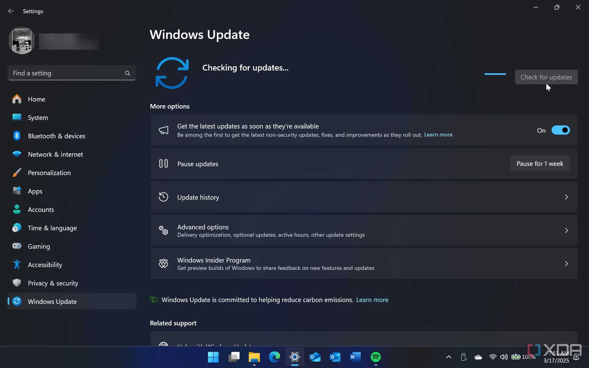 Màn hình cài đặt Windows 11 hiển thị phần Windows Update, nơi người dùng quản lý các bản cập nhật hệ thống.