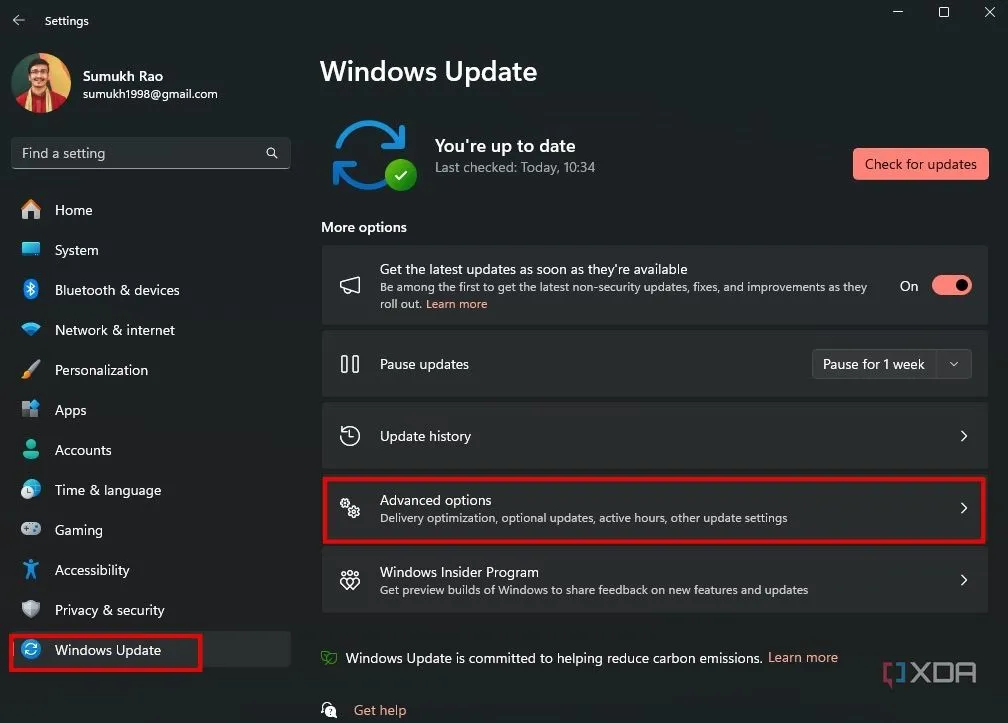 Màn hình cài đặt Windows Update trên Windows 11, hiển thị tùy chọn nâng cao