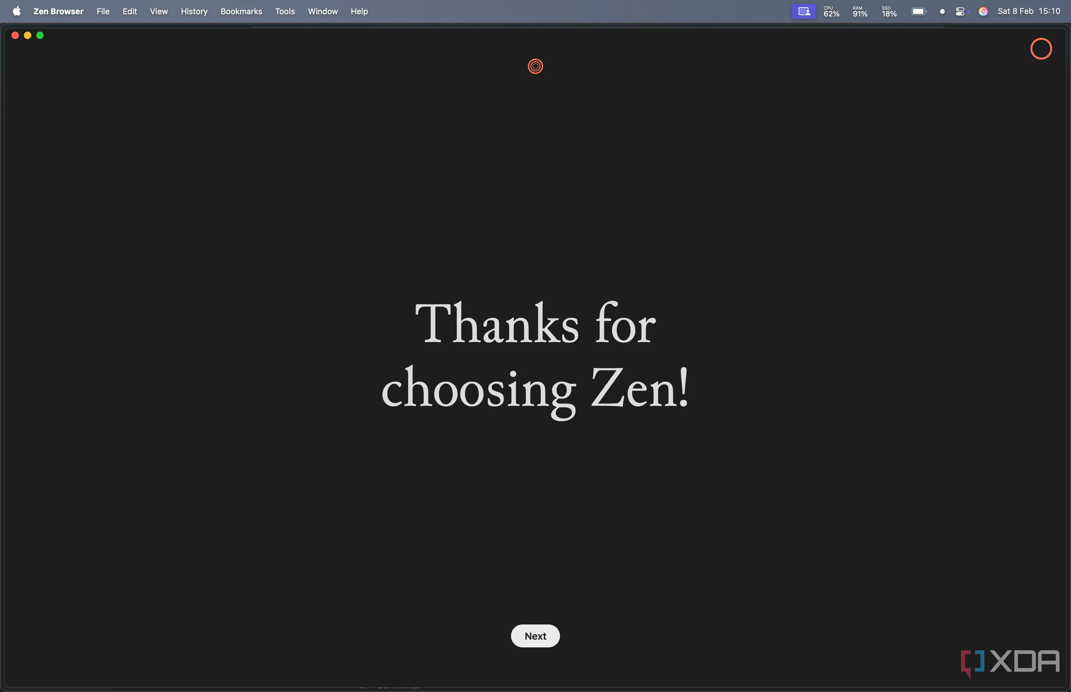 Màn hình &quot;Cảm ơn đã chọn Zen Browser&quot; hiển thị giao diện tùy chỉnh