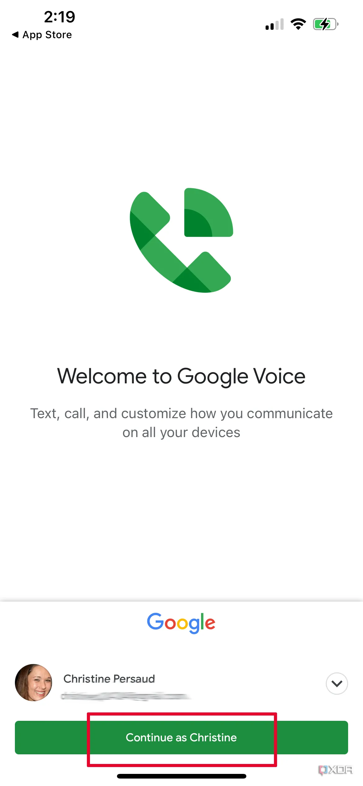 Màn hình chào mừng Google Voice với tùy chọn Tiếp tục với tên Christine