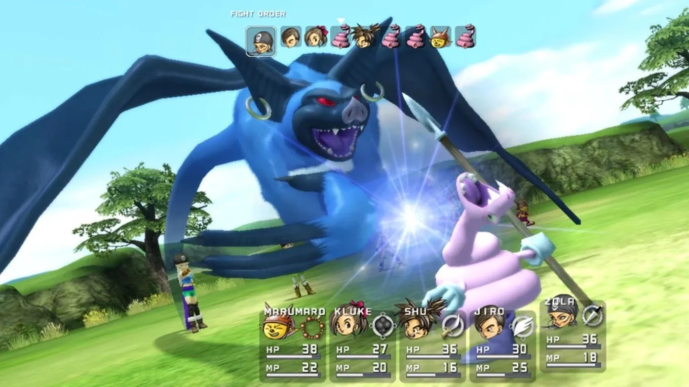 Màn hình chiến đấu của Blue Dragon với nhân vật đang đối đầu với kẻ thù là một con dơi khổng lồ.