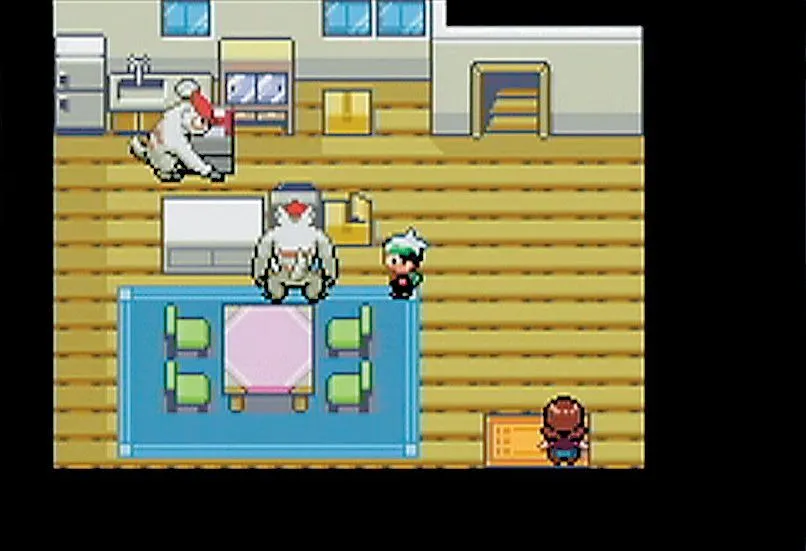 Màn hình chiến đấu trong Pokémon R.O.W.E, với giao diện quen thuộc của Pokémon Emerald nhưng có cải tiến đồ họa và Pokémon từ các thế hệ mới hơn.