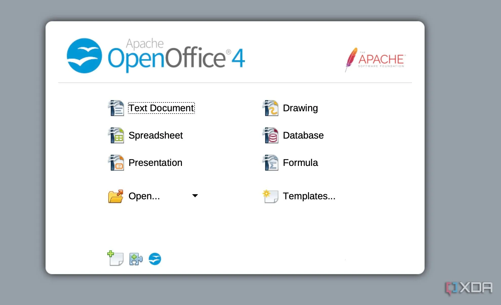 Màn hình chính của Apache OpenOffice với các tùy chọn ứng dụng